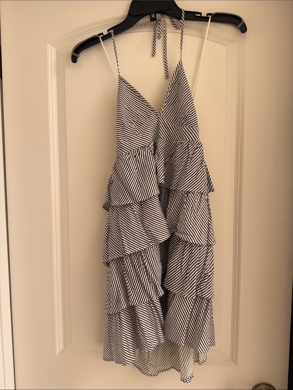 H&M Black & White Striped Ruffled V-Neck Sundress